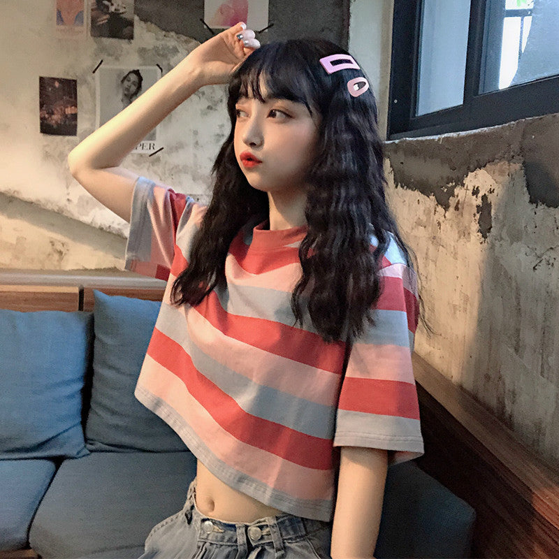 Rainbow Striped Short Sleeve T-Shirt - Loose Fit Top