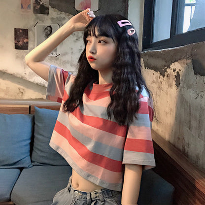 Rainbow Striped Short Sleeve T-Shirt - Loose Fit Top