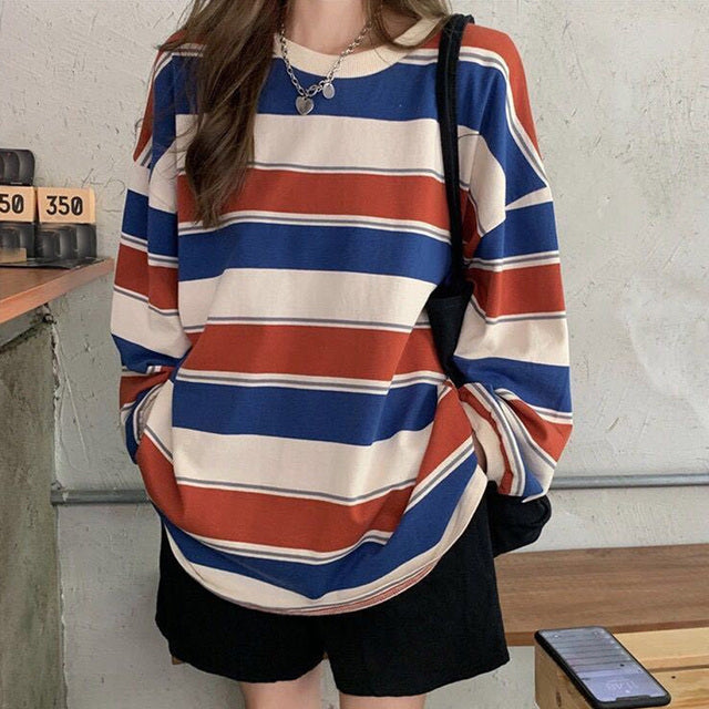 Korean Loose Rainbow Stripe Long Sleeve Shirt
