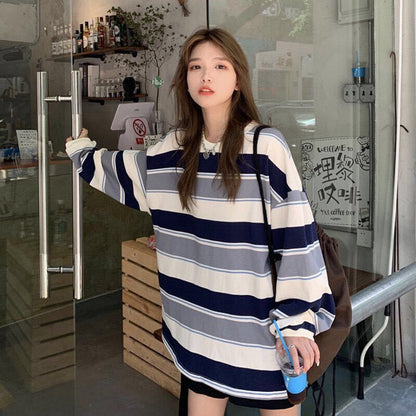Korean Loose Rainbow Stripe Long Sleeve Shirt