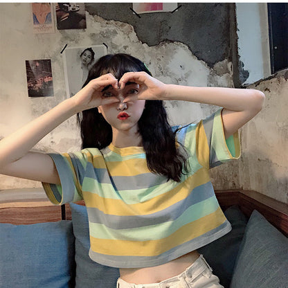Rainbow Striped Short Sleeve T-Shirt - Loose Fit Top