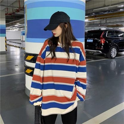 Korean Loose Rainbow Stripe Long Sleeve Shirt
