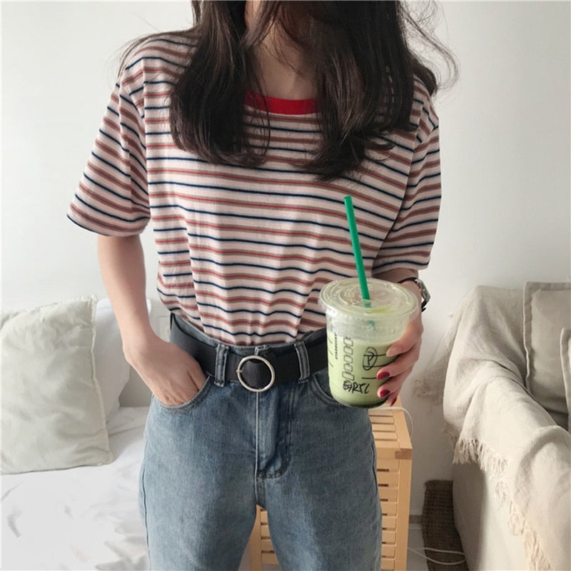 Loose Striped Short Sleeve T-Shirt for Women