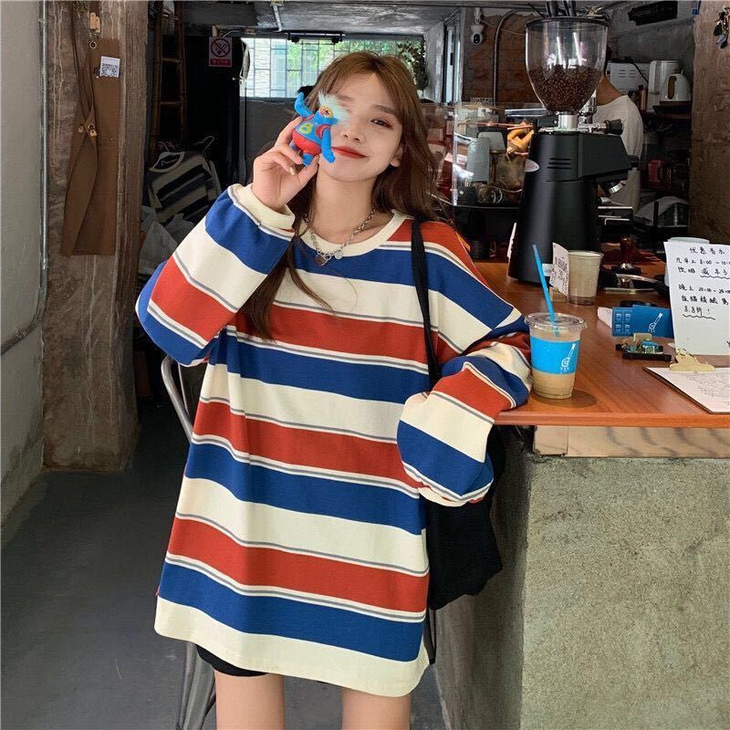 Korean Loose Rainbow Stripe Long Sleeve Shirt