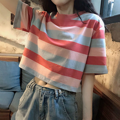 Rainbow Striped Short Sleeve T-Shirt - Loose Fit Top