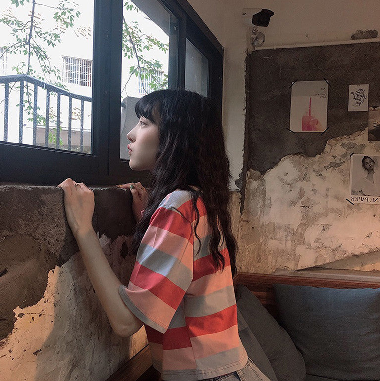 Rainbow Striped Short Sleeve T-Shirt - Loose Fit Top