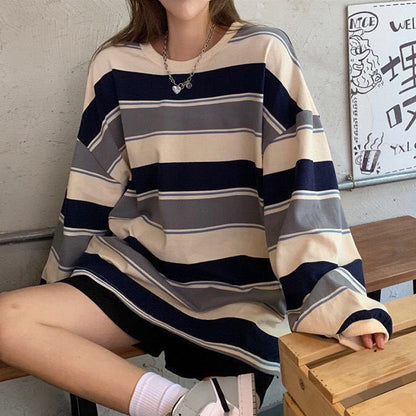 Korean Loose Rainbow Stripe Long Sleeve Shirt