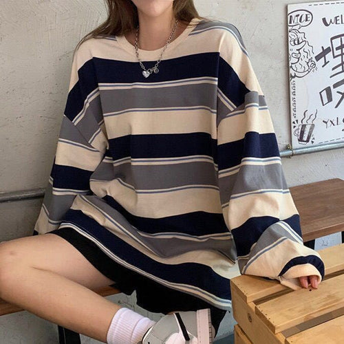 Korean Loose Rainbow Stripe Long Sleeve Shirt